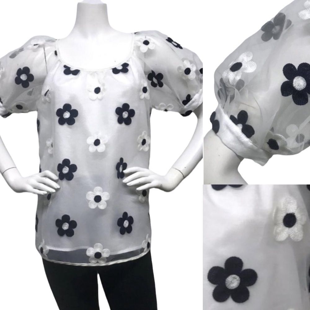 VOOM JOY HAN Embroidered DAISY PUFF Sleeve Top M